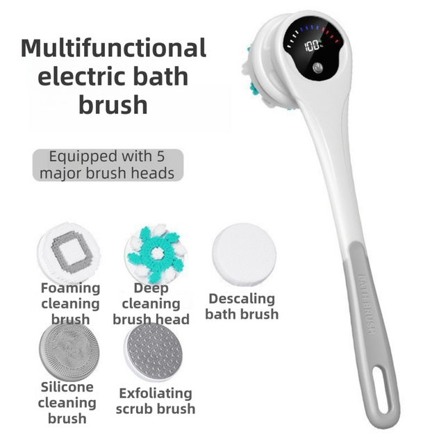Grey Electric 360°Rotating Shower Brush with Long Handle for Back Scrubbing(43CM) - IPX7 Waterproof & Premium Silicone & PA Bristles.