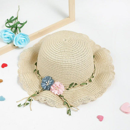 Beige Girls Summer Princess Straw Straw Hat and Matching Purse Set - Breathable Floral Wide Brim Sun Protection Sun Hat.