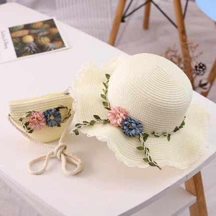 White Girls Summer Princess Straw Straw Hat and Matching Purse Set - Breathable Floral Wide Brim Sun Protection Sun Hat.