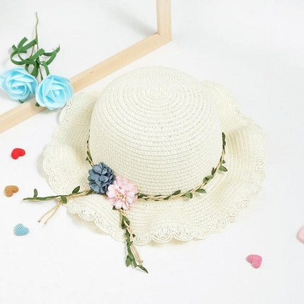 White Girls Summer Princess Straw Straw Hat and Matching Purse Set - Breathable Floral Wide Brim Sun Protection Sun Hat.