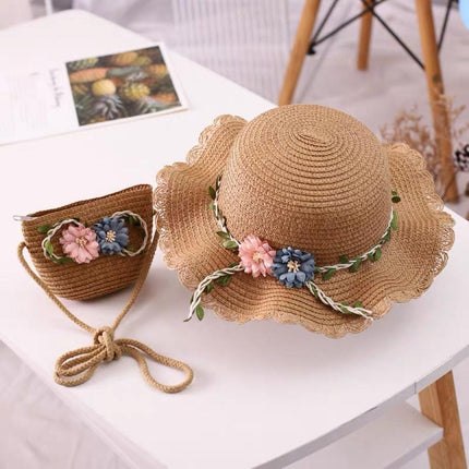Khaki Girls Summer Princess Straw Straw Hat and Matching Purse Set - Breathable Floral Wide Brim Sun Protection Sun Hat.
