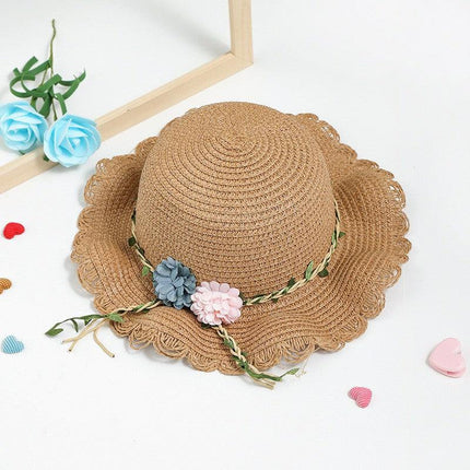 Khaki Girls Summer Princess Straw Straw Hat and Matching Purse Set - Breathable Floral Wide Brim Sun Protection Sun Hat.