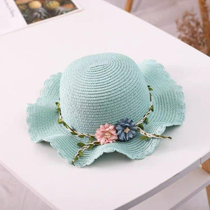 Green Girls Summer Princess Straw Straw Hat and Matching Purse Set - Breathable Floral Wide Brim Sun Protection Sun Hat.