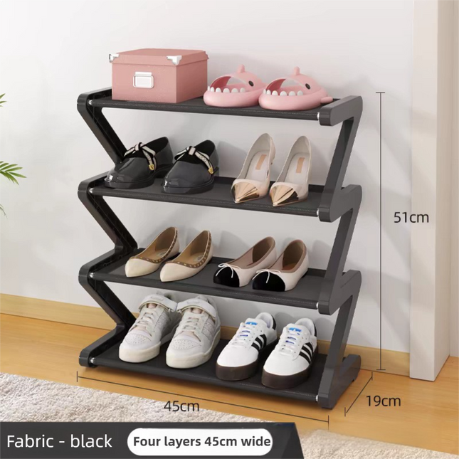 Black Stable Z-Shaped 4-Tier Shoe Rack(51x45CM) - Waterproof Cloth & Sturdy Steel Pipe, Easy Assembly & Space Saving for Dormitory & Small Apartments.