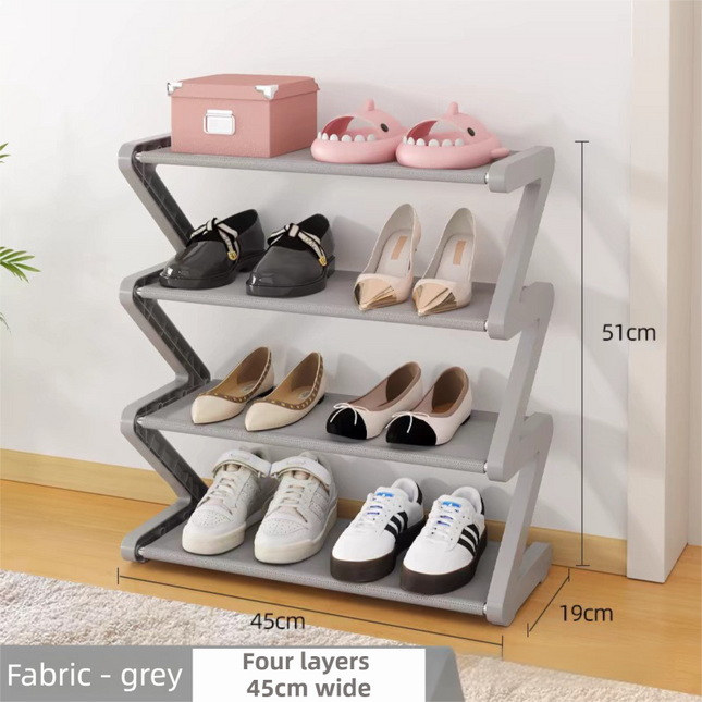 Grey Stable Z-Shaped 4-Tier Shoe Rack(51x45CM) - Waterproof Cloth & Sturdy Steel Pipe, Easy Assembly & Space Saving for Dormitory & Small Apartments.
