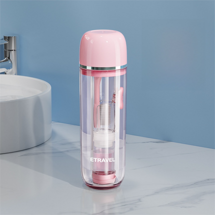 Pink Portable 2-in-1 Travel Toothbrush/Toothpaste Organizer & Mouthwash Cup - Lightweight and Durable Crystal Clear PC Material.
