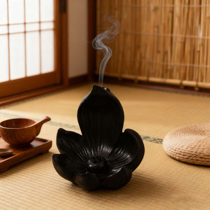 Black Zen Lotus Waterfall Backflow Aroma Diffuser - Premium Elegant Resin Craft for Meditation & Yoga, 10cm Compact Design.