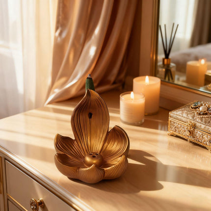 Gold Zen Lotus Waterfall Backflow Aroma Diffuser - Premium Elegant Resin Craft for Meditation & Yoga, 10cm Compact Design.