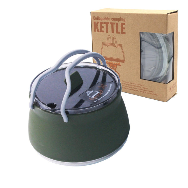 Dark Green 1L Portable Collapsible Camping Kettle - Food-Grade Silicone Body with 304 Stainless Steel Base, Compatible with Induction & Gas Stoves.