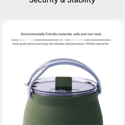 Dark Green 1L Portable Collapsible Camping Kettle - Food-Grade Silicone Body with 304 Stainless Steel Base, Compatible with Induction & Gas Stoves.