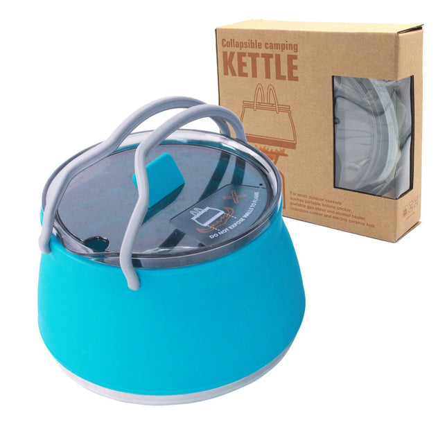 Blue 1L Portable Collapsible Camping Kettle - Food-Grade Silicone Body with 304 Stainless Steel Base, Compatible with Induction & Gas Stoves.