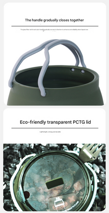 Red 1L Portable Collapsible Camping Kettle - Food-Grade Silicone Body with 304 Stainless Steel Base, Compatible with Induction & Gas Stoves.