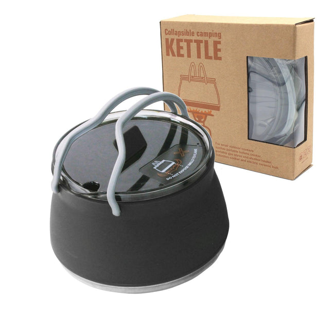 Black 1L Portable Collapsible Camping Kettle - Food-Grade Silicone Body with 304 Stainless Steel Base, Compatible with Induction & Gas Stoves.
