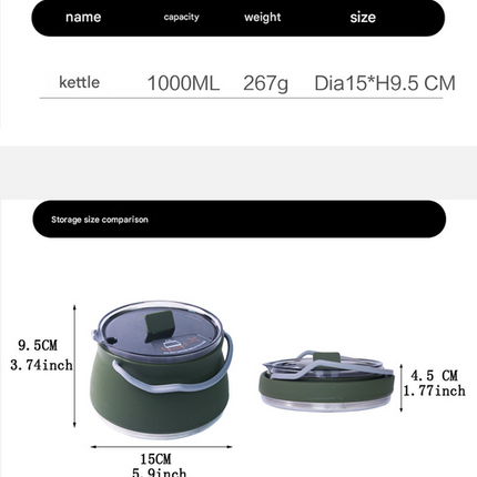 Black 1L Portable Collapsible Camping Kettle - Food-Grade Silicone Body with 304 Stainless Steel Base, Compatible with Induction & Gas Stoves.