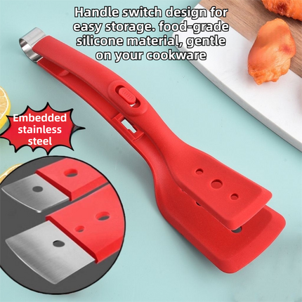 2-in-1 Marble Pattern Silicone Spatula Tongs with Locking Clip & Oil Drainage - Non-Stick Heat Resistant Food Flipper & Kitchen Clamp.