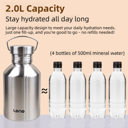 2L Large Capacity Outdoor Sports Adventure Water Bottle - Food-Grade 304 Stainless Steel with Portable Handle & 4.5cm Narrow Mouth.