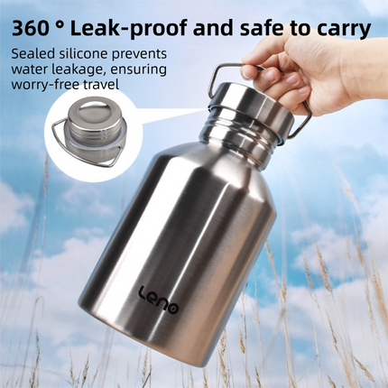 2L Large Capacity Outdoor Sports Adventure Water Bottle - Food-Grade 304 Stainless Steel with Portable Handle & 7cm Wide Mouth.
