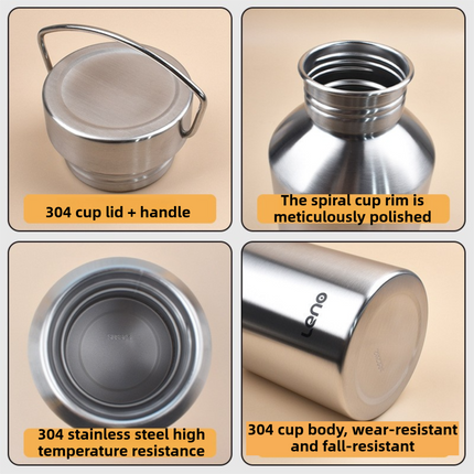 2L Large Capacity Outdoor Sports Adventure Water Bottle - Food-Grade 304 Stainless Steel with Portable Handle & 7cm Wide Mouth.