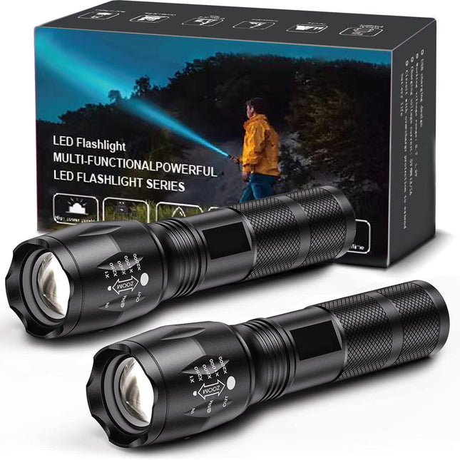 2-Pack High-Powered LED Flashlight with 500m Long Range - Zoomable Focus & Waterproof Tactical Torch - Durable Aluminum Alloy.