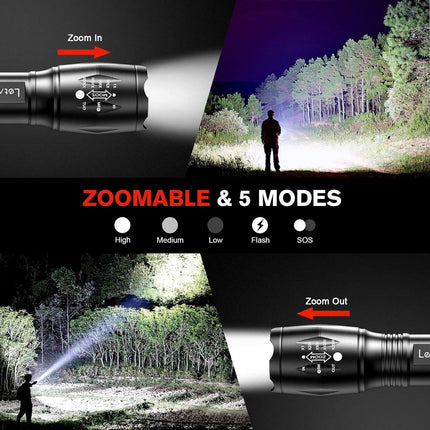 2-Pack High-Powered LED Flashlight with 500m Long Range - Zoomable Focus & Waterproof Tactical Torch - Durable Aluminum Alloy.