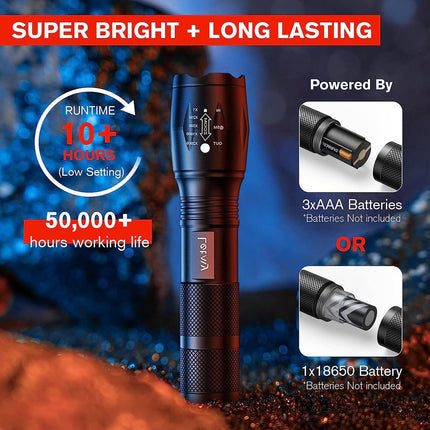 2-Pack High-Powered LED Flashlight with 500m Long Range - Zoomable Focus & Waterproof Tactical Torch - Durable Aluminum Alloy.