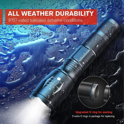 2-Pack High-Powered LED Flashlight with 500m Long Range - Zoomable Focus & Waterproof Tactical Torch - Durable Aluminum Alloy.