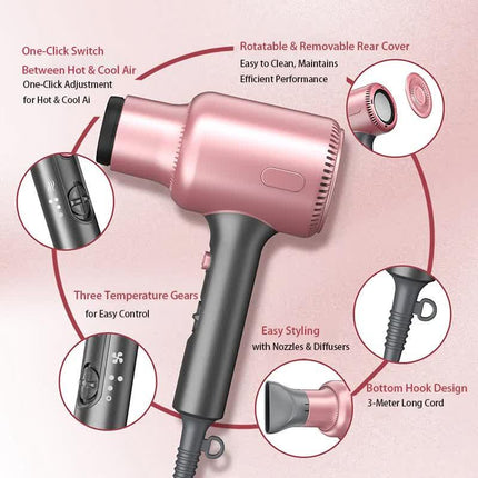 Pink Portable silent Hair Dryer with 3 Heat/Speed Settings and 3 Accessories - High-Power Blow Dryer, 3M Long Cord & 8CM Wide Outlet.