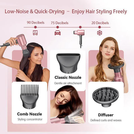 Pink Portable silent Hair Dryer with 3 Heat/Speed Settings and 3 Accessories - High-Power Blow Dryer, 3M Long Cord & 8CM Wide Outlet.