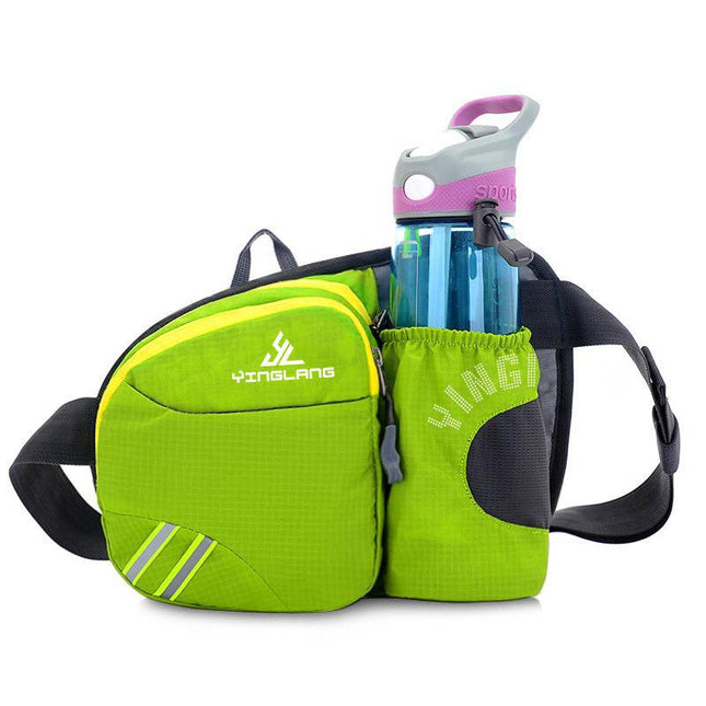 Green Lightweight Running Waist Pack with Stable Bottle Holder - Multi-Functional Nylon Sports Fanny Pack for Marathon, Hiking, Cycling & Climbing.