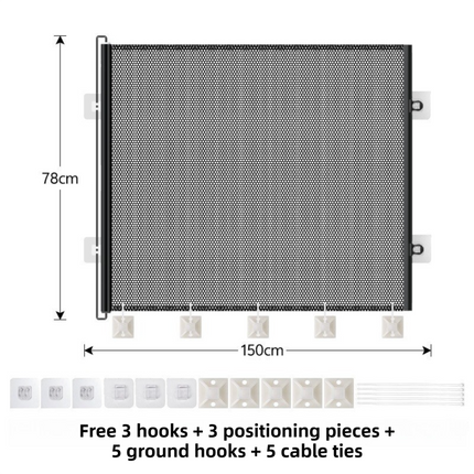 78X150CM Black Retractable Mesh Safety Gate for Pets & Babies - Scratch-Resistant Indoor/Outdoor Security Barrier, No-Drill Installation.