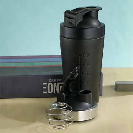 Black 500ML Premium Stainless Steel Protein Shaker Bottle - BPA-Free Metal Mixer Cup with Scale for Gym, Fitness & Meal Replacement.