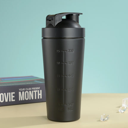 Black 750ML Premium Stainless Steel Protein Shaker Bottle - BPA-Free Metal Mixer Cup with Scale for Gym, Fitness & Meal Replacement.