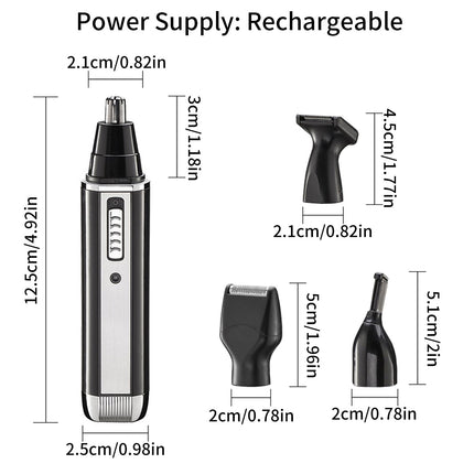 4-in-1 Portable Electric Grooming Kit for Men with Nose / Beard / Body Hair & Hair Clipper Heads - Quiet & USB Rechargeable, Waterproof Stainless Steel Blades.