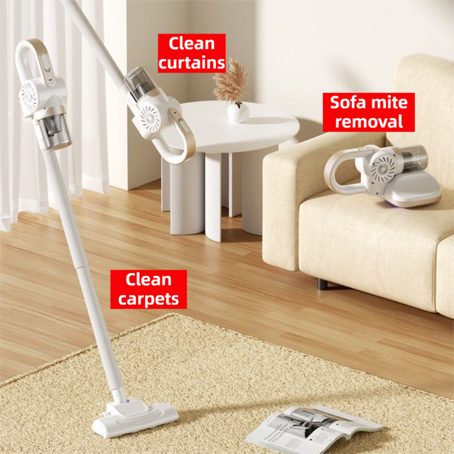 White 3-Head Cordless Handheld UV Mite Remover Set with Floor & Mite Head - 11KPA Powerful Suction & 8000 Times/Min High-Frequency Vibration for Carpet & Mattress, Type-C Rechargeable.