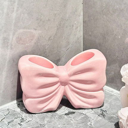 Pink Chic Bowknot 2-Slot Toothbrush Holder - Resin Retro Cute Desktop Decorative Stand.