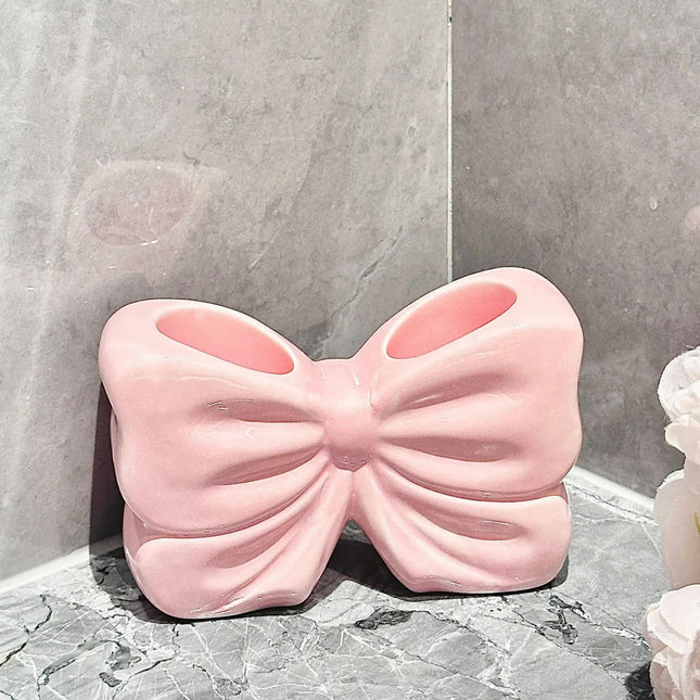 Pink Chic Bowknot 2-Slot Toothbrush Holder - Resin Retro Cute Desktop Decorative Stand.