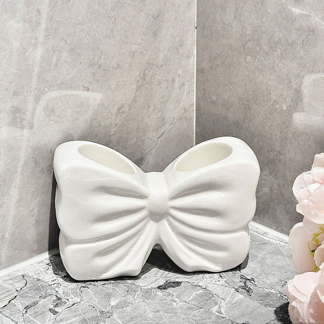 White Chic Bowknot 2-Slot Toothbrush Holder - Resin Retro Cute Desktop Decorative Stand.