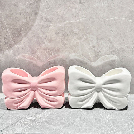 2-Pack Pink & White Chic Bowknot 2-Slot Toothbrush Holder - Resin Retro Cute Desktop Decorative Stand.