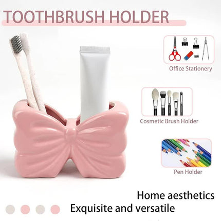 2-Pack Pink & White Chic Bowknot 2-Slot Toothbrush Holder - Resin Retro Cute Desktop Decorative Stand.