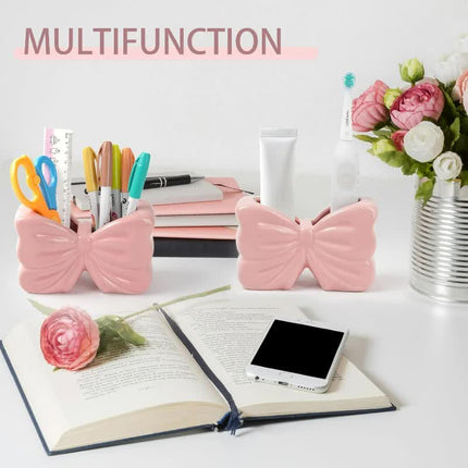 2-Pack Pink & White Chic Bowknot 2-Slot Toothbrush Holder - Resin Retro Cute Desktop Decorative Stand.