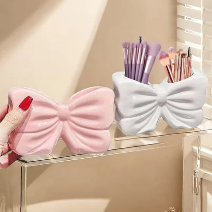 2-Pack Pink & White Chic Bowknot 2-Slot Toothbrush Holder - Resin Retro Cute Desktop Decorative Stand.