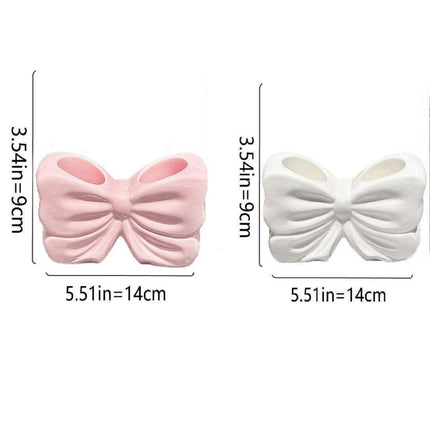 2-Pack Pink & White Chic Bowknot 2-Slot Toothbrush Holder - Resin Retro Cute Desktop Decorative Stand.