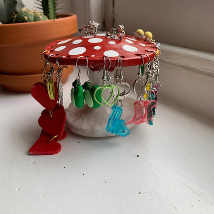 Whimsical Mushroom Earring Holder - Unique Forest-Themed Resin Jewelry Organizer for Vanity & Dresser.