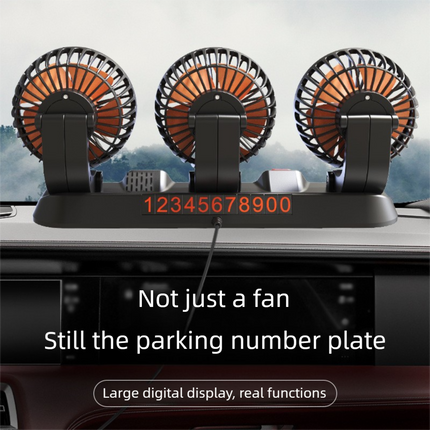 3-in-1 Powerful Car Triple Head Fan (12V Lighter Power) - Quiet Cooling Fan Integrated Aromatherapy & Number Plate, with 360° Rotation & 130cm Long Cord.