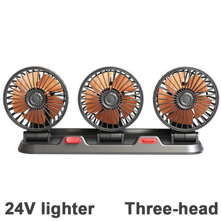 3-in-1 Powerful Car Triple Head Fan (24V Lighter Power) - Quiet Cooling Fan Integrated Aromatherapy & Number Plate, with 360° Rotation & 130cm Long Cord.