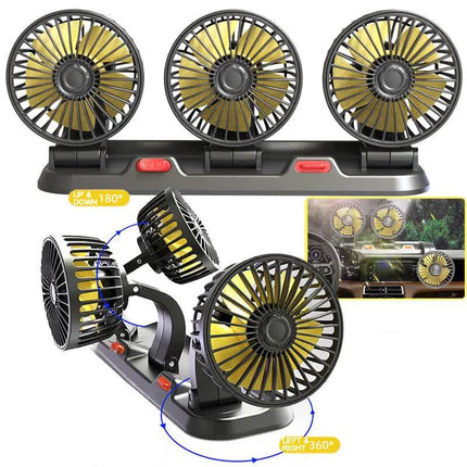 3-in-1 Powerful Car Triple Head Fan (24V Lighter Power) - Quiet Cooling Fan Integrated Aromatherapy & Number Plate, with 360° Rotation & 130cm Long Cord.