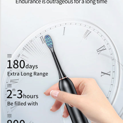 Black Smart Sonic Electric Toothbrush Kit with 4 Heads & Travel Case - 6 X Cleaning Modes and High-Frequency Vibration with Soft Protective Bristles.