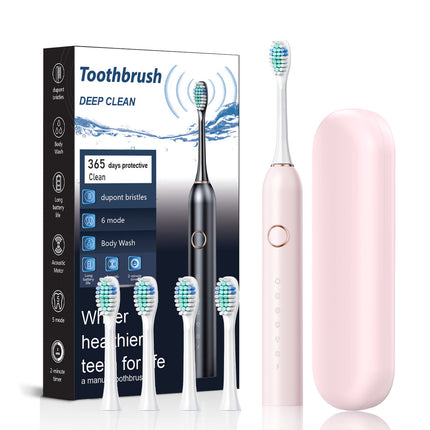 Pink Smart Sonic Electric Toothbrush Kit with 4 Heads & Travel Case - 6 X Cleaning Modes and High-Frequency Vibration with Soft Protective Bristles.