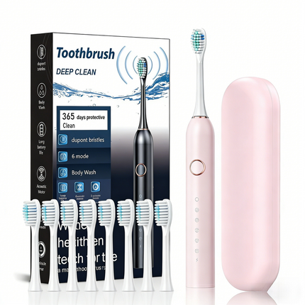 Pink Smart Sonic Electric Toothbrush Kit with 8 Heads & Travel Case - 6 X Cleaning Modes and High-Frequency Vibration with Soft Protective Bristles.