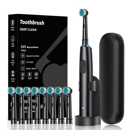 Black Rotating Round Head Electric Toothbrush Kit with 8 Heads, Case & Stand - 3D Oscillating Mechanical Cleaning for Deep Plaque Removal.